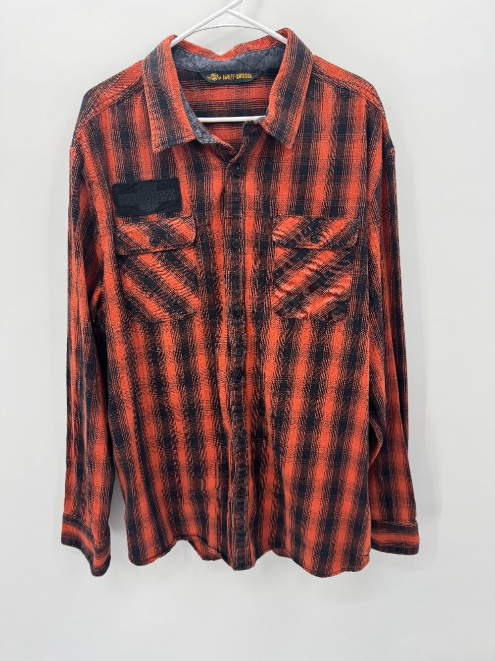 Harley-Davidson Embroidered Plaid Flannel Shirt Mens XL Orange Black Biker